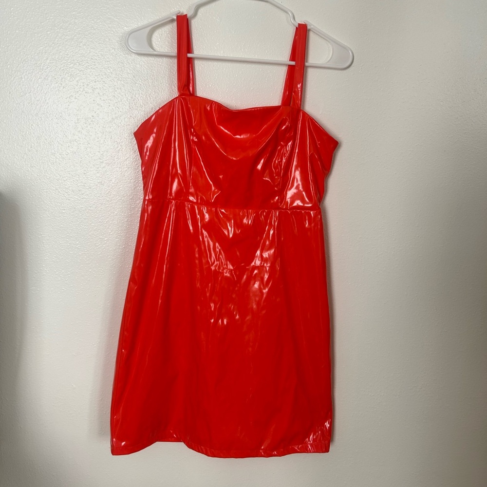 Patent Orange faux leather mini dress 🧡